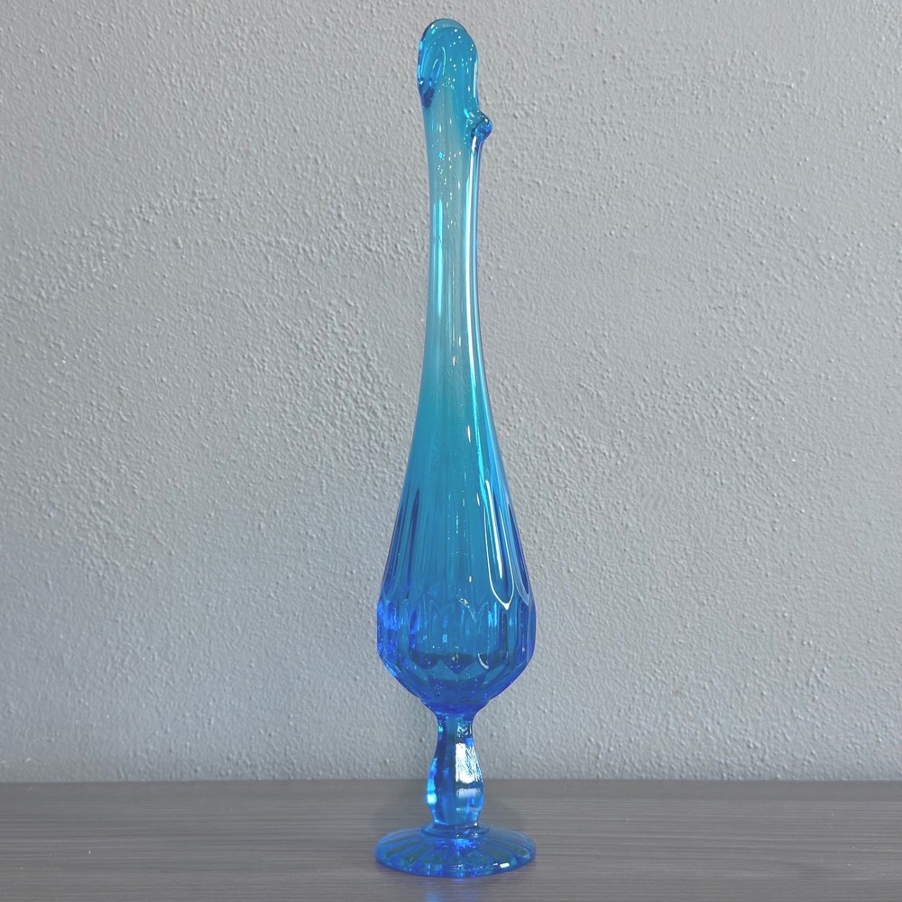 Vintage Fenton Colonial Blue Thumbprint Pedestal Swung Stretch Glass Vase 12.5in